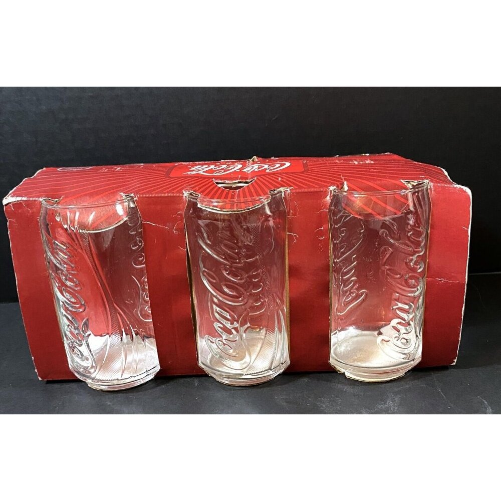 Coca-Cola Clear Embossed Can Set Of 6  Glasses NIB 2006 Officially Authorized